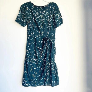 eShakti Size 2 Green Floral Short Sleeve Faux Wrap Dress